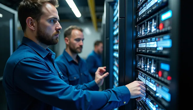 Eye-level view of a modern office server room with blinking lights