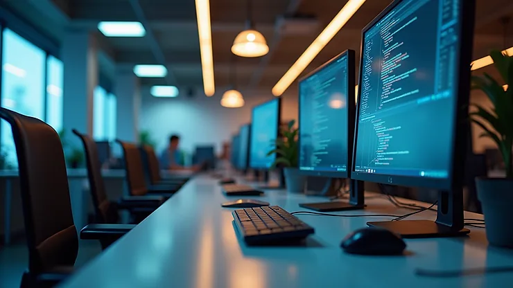 Eye-level view of a modern office workspace with multiple computer screens
