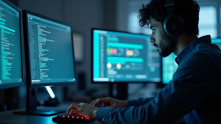Close-up view of a cybersecurity analyst monitoring multiple screens