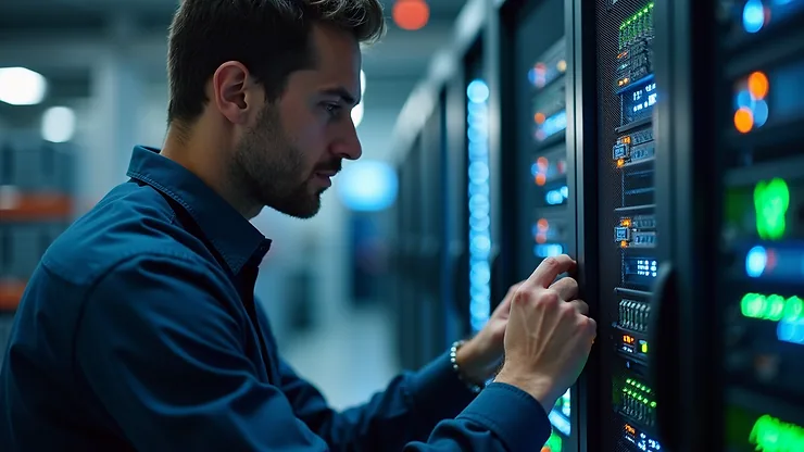 Close-up view of a technician working on a network server