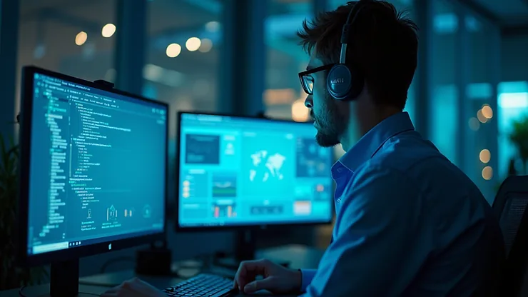 Close-up view of a cybersecurity expert monitoring multiple screens