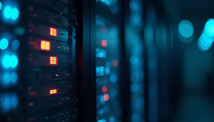 Eye-level view of server racks in a data center