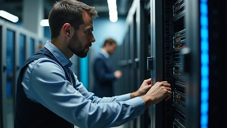 Close-up view of a technician working on a computer server rack
