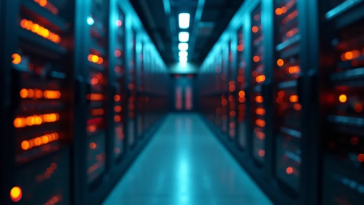 Eye-level view of a server room with blinking lights