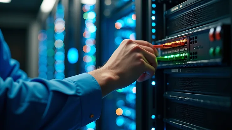 Close-up view of a technician working on a network switch in a data center
