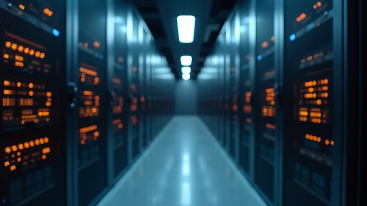 Eye-level view of a modern office server room with blinking lights