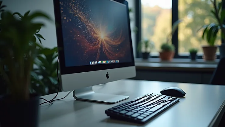 Eye-level view of a modern computer setup with a sleek monitor and keyboard