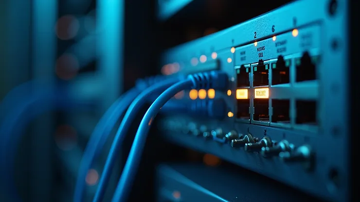 Close-up view of a network switch with connected cables