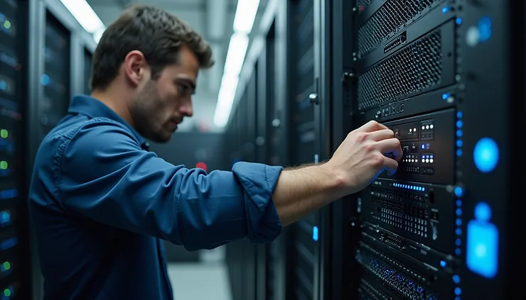 Eye-level view of a modern office server room with blinking lights