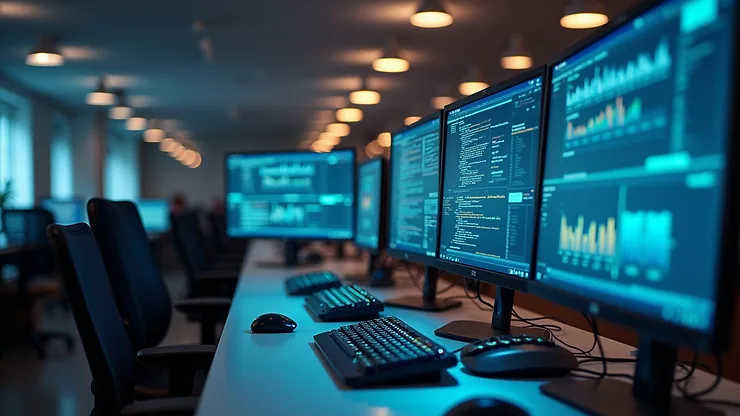 Eye-level view of a modern office workspace with multiple computer screens displaying network monitoring software