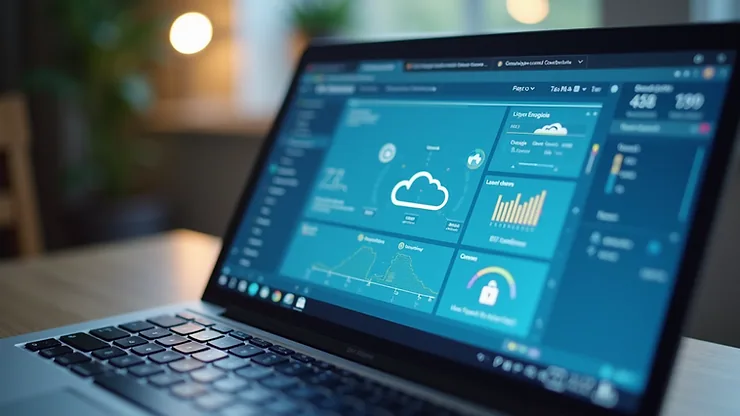 Close-up view of a laptop screen showing cloud security dashboard