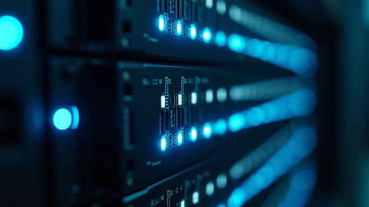 Close-up view of a server rack with blinking lights in a data center