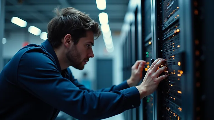 Close-up view of a technician working on a network server rack