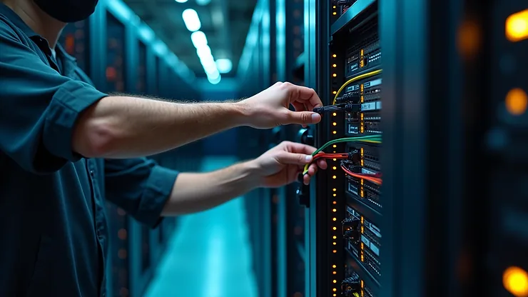 Close-up view of a technician working on a network switch in a server room