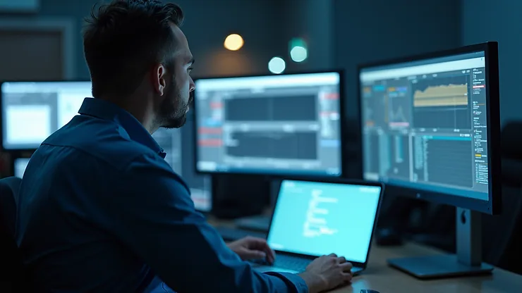 Close-up view of a technician monitoring network systems on multiple screens