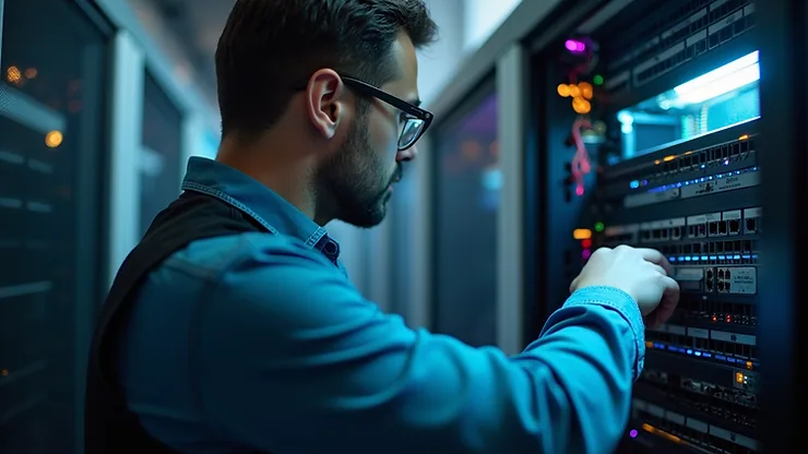 Close-up view of a technician working on a network server rack