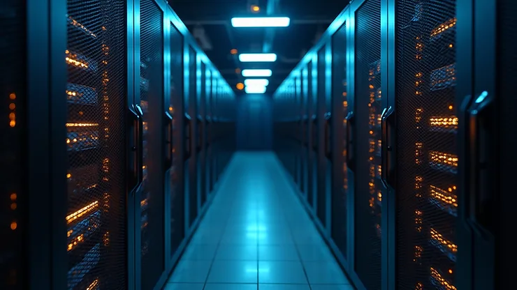 Eye-level view of a server room with glowing network cables