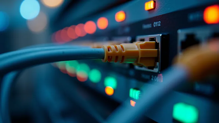 Close-up view of a network switch with connected cables and blinking lights