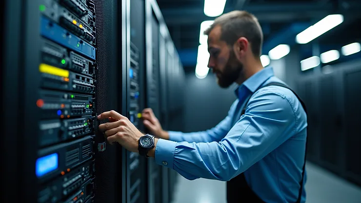 Close-up view of a technician working on a network server rack